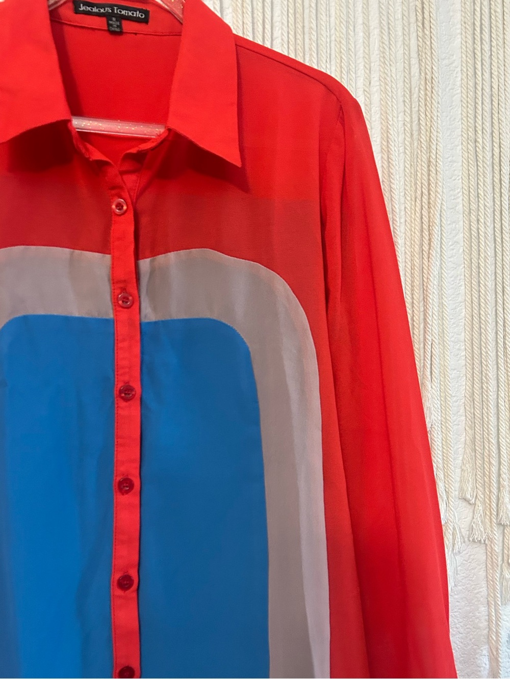 Jealous tomato Sheer Colorblock Button-Up Blouse Red Blue Gray Retro Office Top - Picture 9 of 15